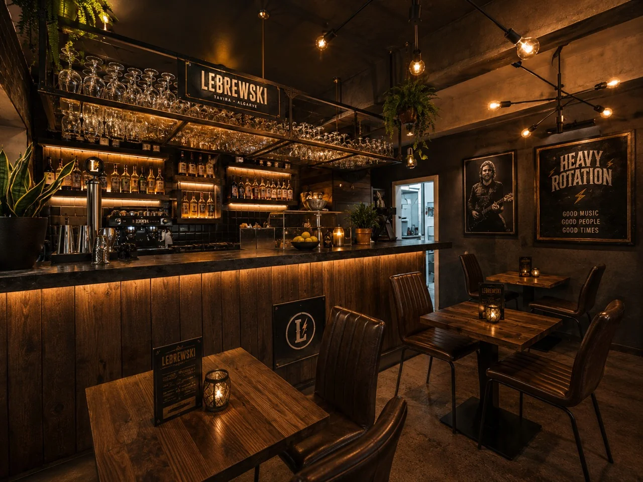 Madera cálida, iluminación de latón y una barra acogedora en un concepto de interior de Lebrewski