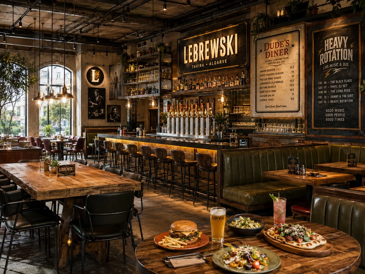 Comida y bebida sobre una mesa junto a una barra acogedora en un interior conceptual de Lebrewski